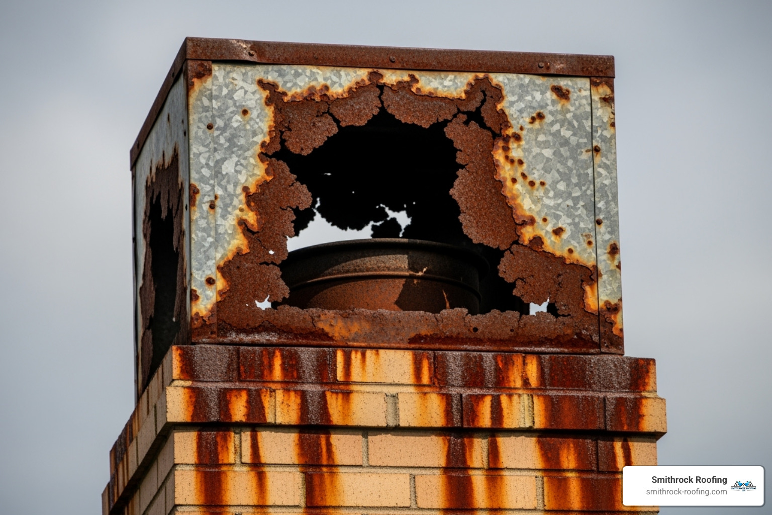 A badly rusted and deteriorating chase cover causing ugly stains down the side of a chimney, illustrating the clear signs of needed replacement - chimney chase cover installation
