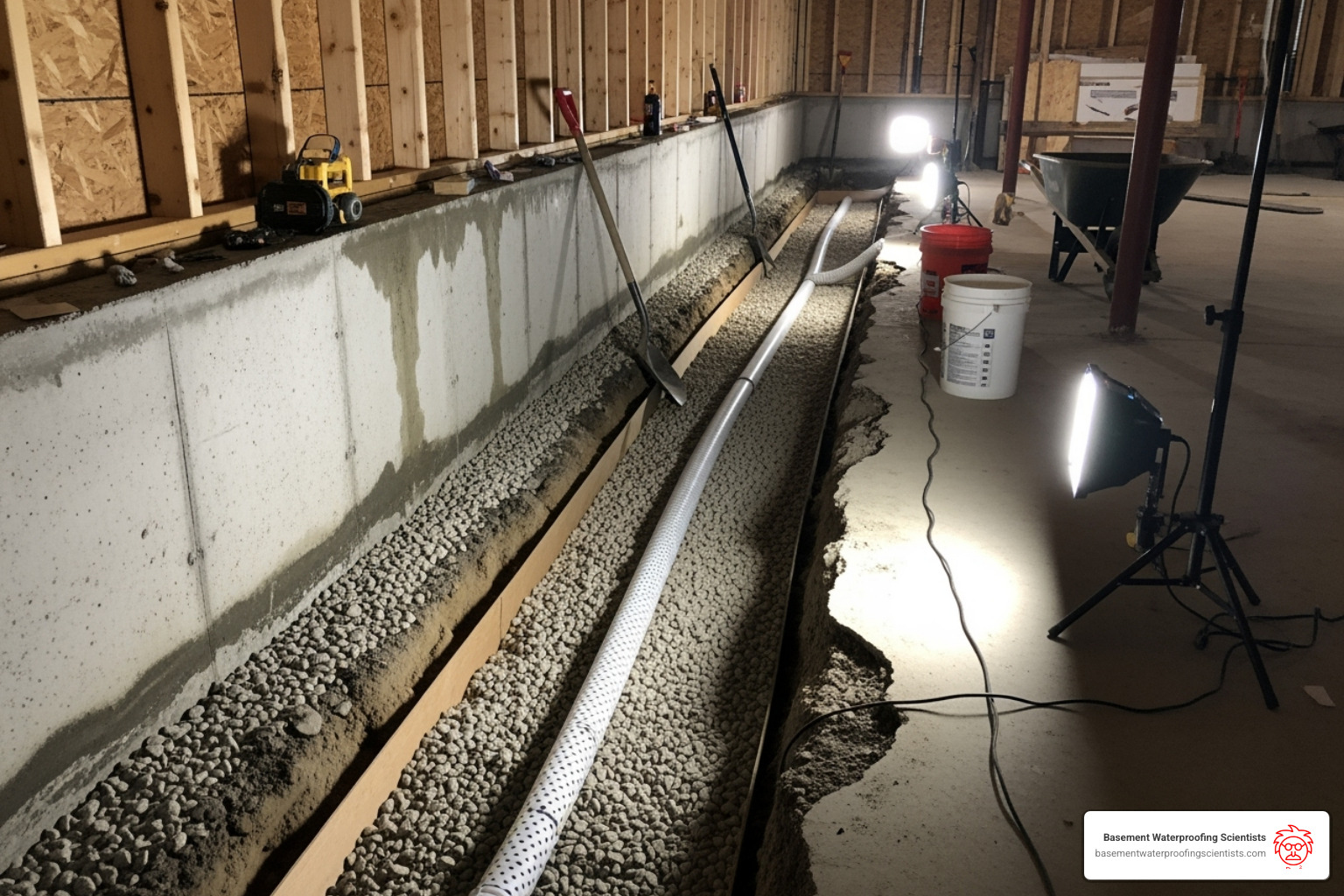 an interior French drain being installed along a basement wall - Sump pump French drain