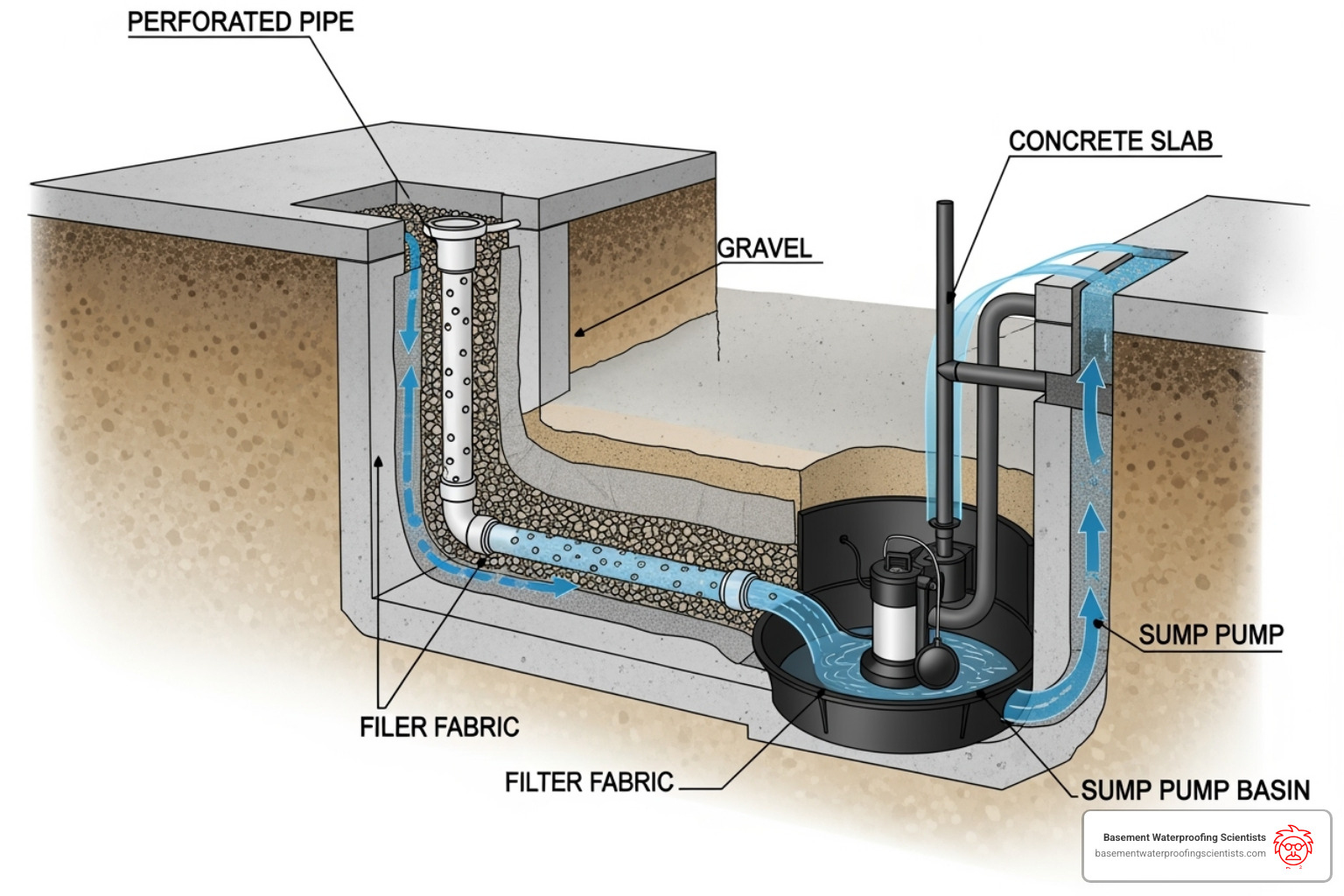 diagram showing a French drain channel leading directly into a sump pump basin - Sump pump French drain