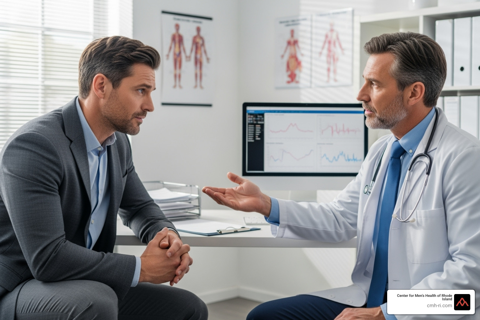 A male patient with a concerned but understanding expression, sitting opposite a urologist who is gesturing reassuringly, with medical charts and a computer visible in the background - does medicare cover rezum steam treatment for bph