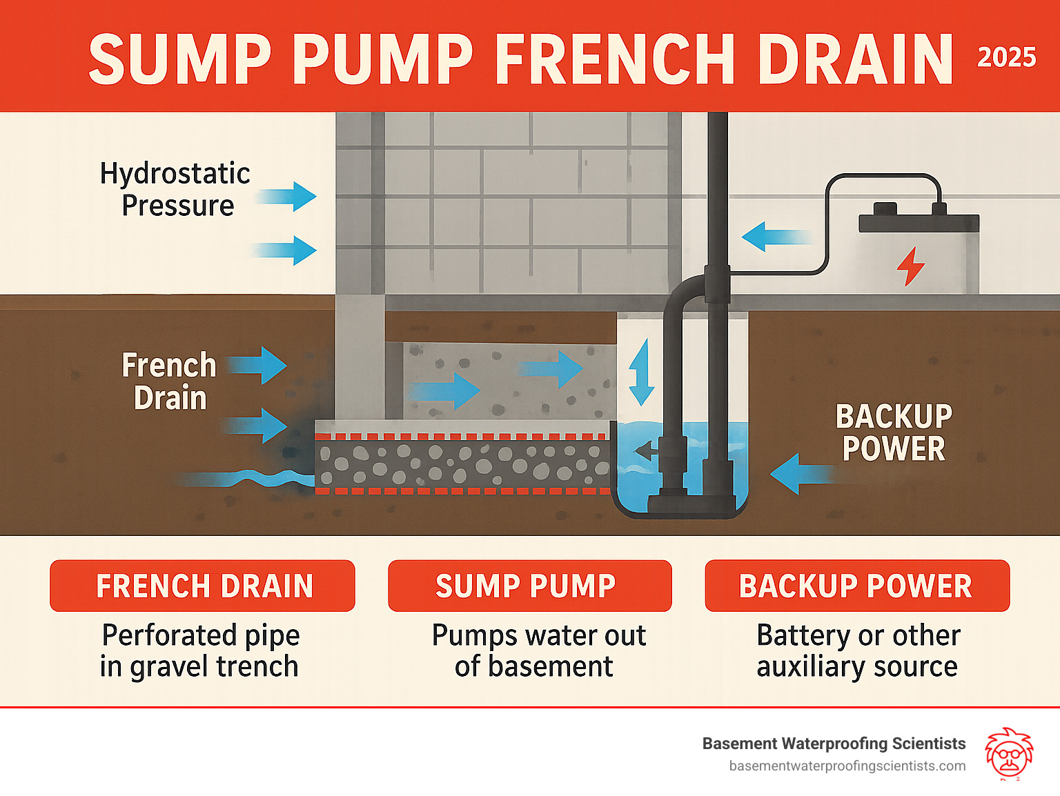 Comprehensive infographic showing cross-section view of basement with French drain collecting water along perimeter walls and channeling it to central sump pump, including arrows showing water flow direction, hydrostatic pressure relief, and backup power system components - Sump pump French drain infographic 