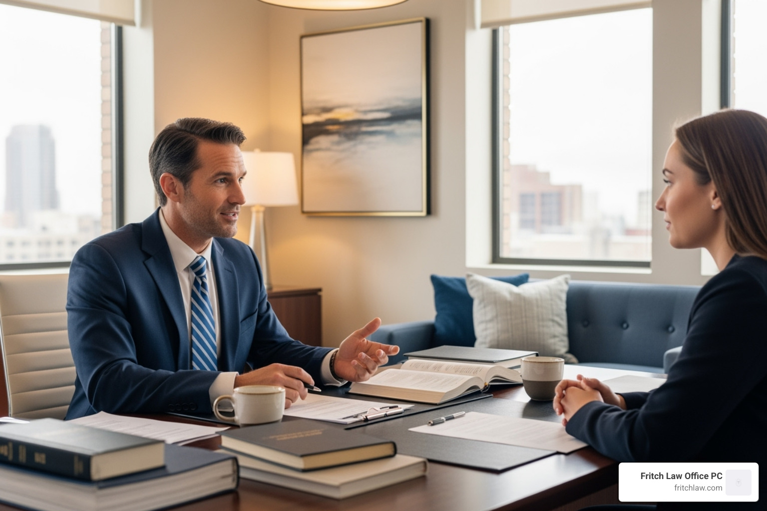 experienced attorney speaking with a client in a professional office setting - eviction defense attorneys near me