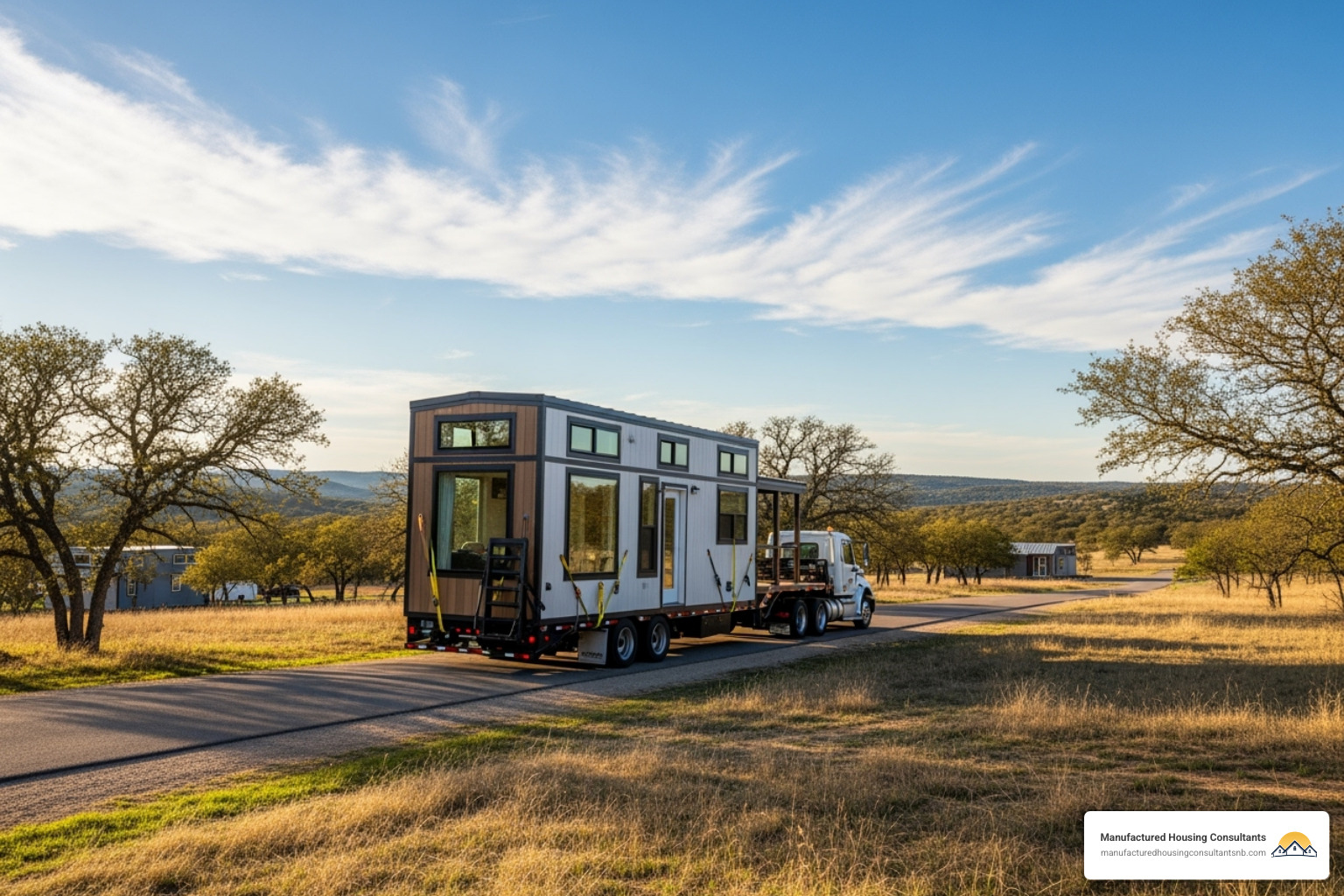 a stylish park model tiny home being delivered to a property - tiny home builders new braunfels