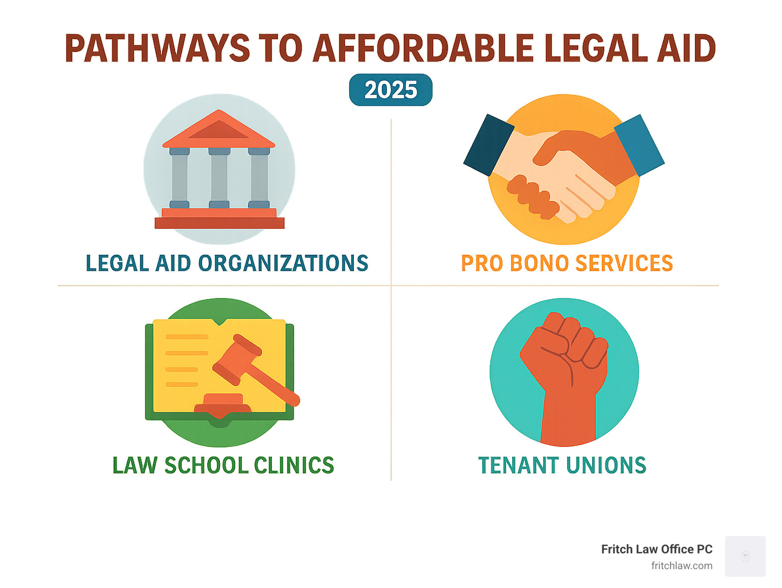 infographic showing pathways to affordable legal aid including legal aid organizations, pro bono services, law school clinics, and tenant unions - eviction defense attorneys near me infographic 