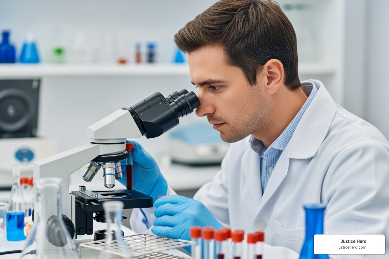 A scientist looking at a blood sample in a lab, symbolizing research into the health impacts of chemical exposure - aff foam