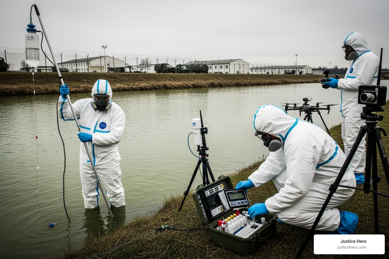 A water testing site near a military base, with scientific equipment and personnel, symbolizing environmental monitoring for contaminants - aff foam