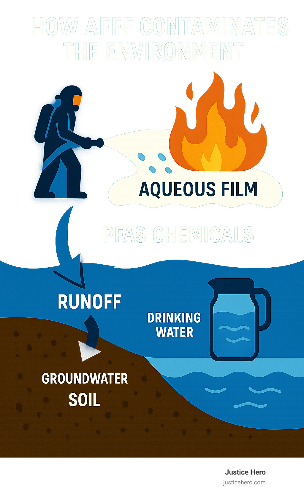 Infographic showing how AFFF creates an aqueous film over burning fuel to suppress fires, while PFAS chemicals contaminate groundwater, soil, and drinking water sources through runoff and environmental persistence - aff foam infographic 