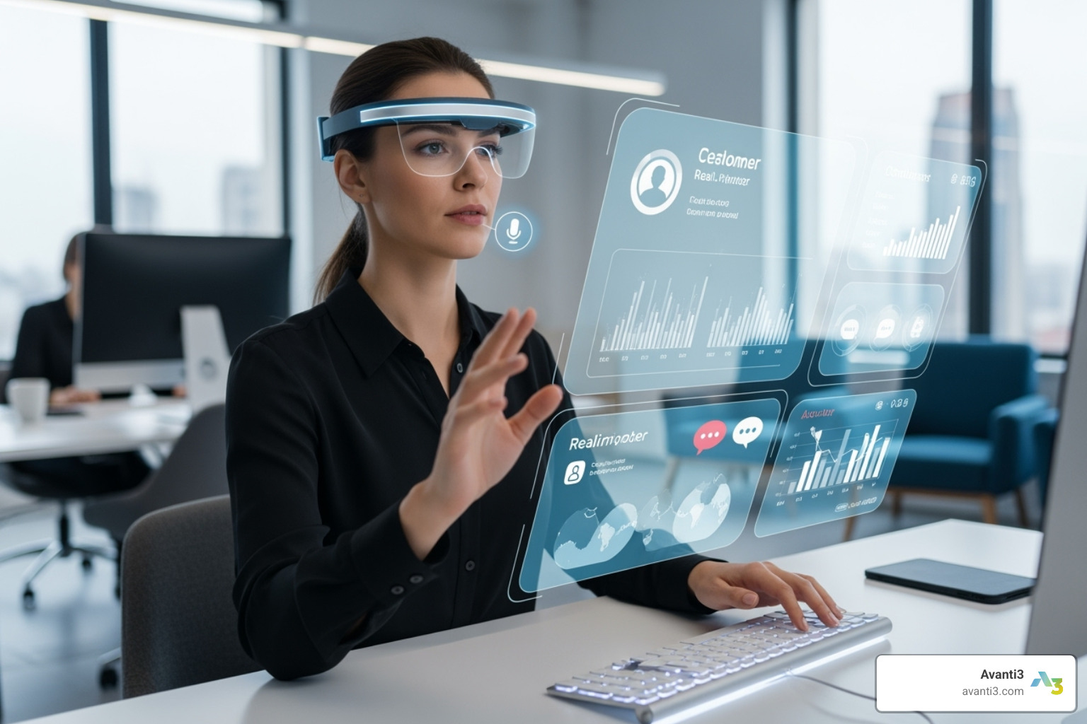support agent using a futuristic interface with AR and voice commands - ai powered ticketing system