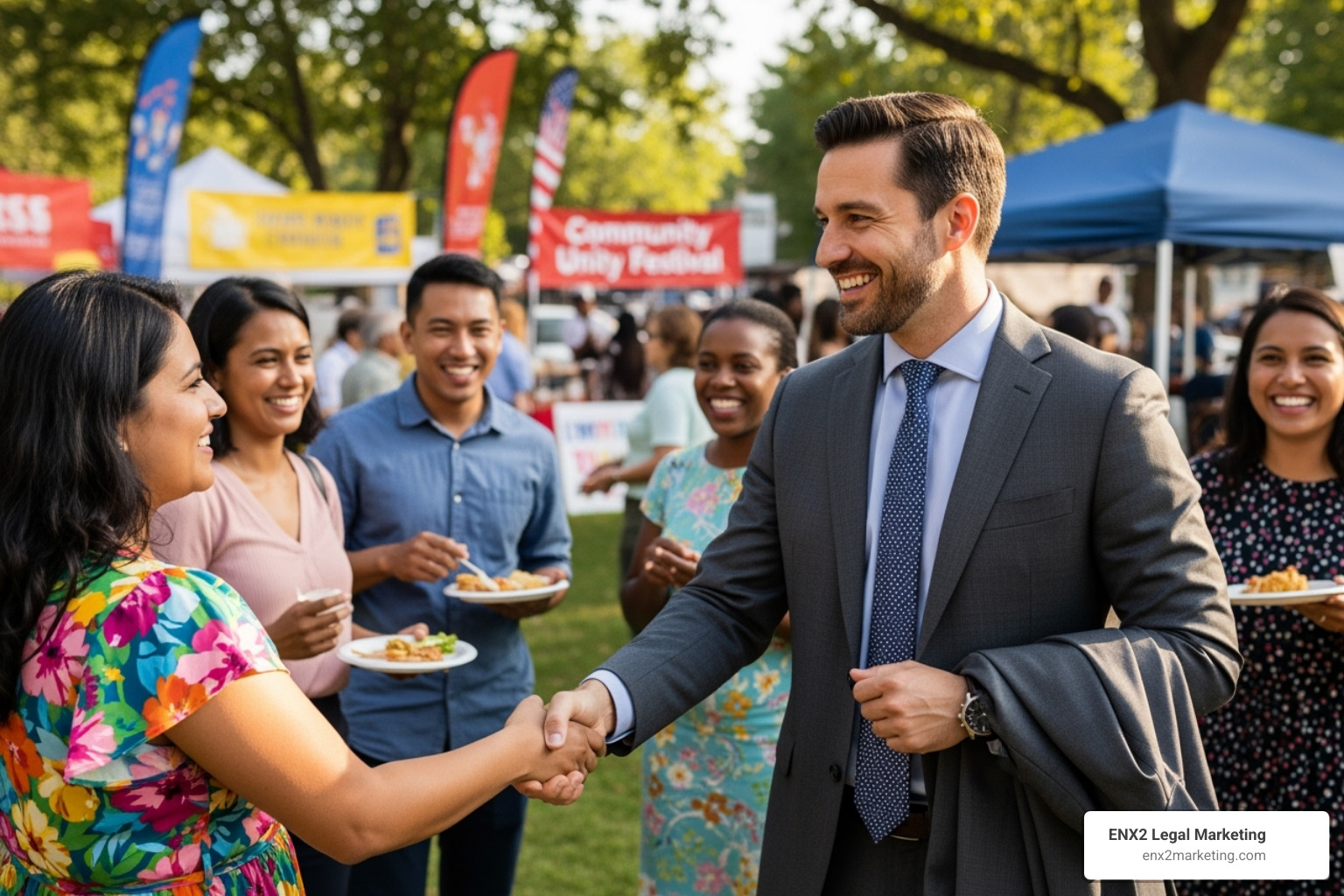 Lawyer engaging with their community at a local event - lawyer branding Lawyer engaging with their community at a local event - lawyer branding