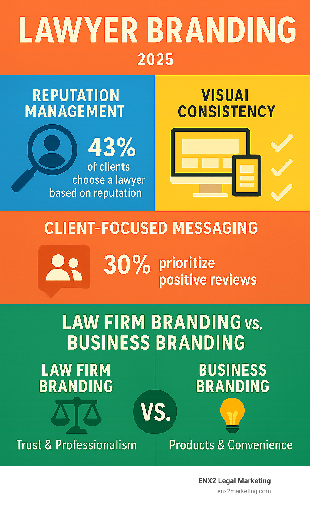 Comprehensive infographic showing the key components of successful lawyer branding including trust-building elements like reputation management, visual consistency across platforms, client-focused messaging, and the contrast between law firm branding priorities versus general business branding approaches - lawyer branding infographic Comprehensive infographic showing the key components of successful lawyer branding including trust-building elements like reputation management, visual consistency across platforms, client-focused messaging, and the contrast between law firm branding priorities versus general business branding approaches - lawyer branding infographic