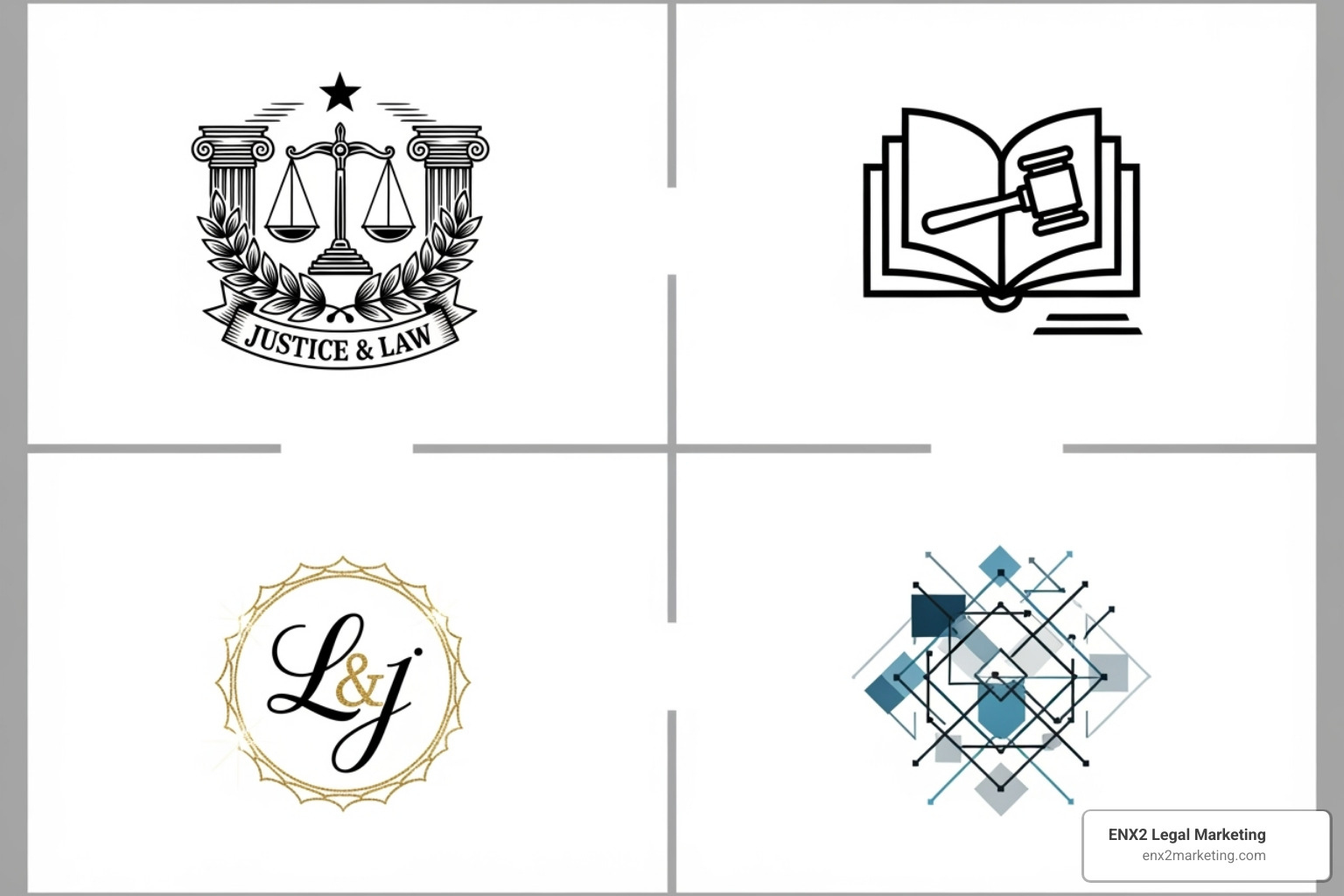 Showcasing different logo styles: classic emblem, modern minimalist, luxury gold-foil, and abstract. - law justice logo