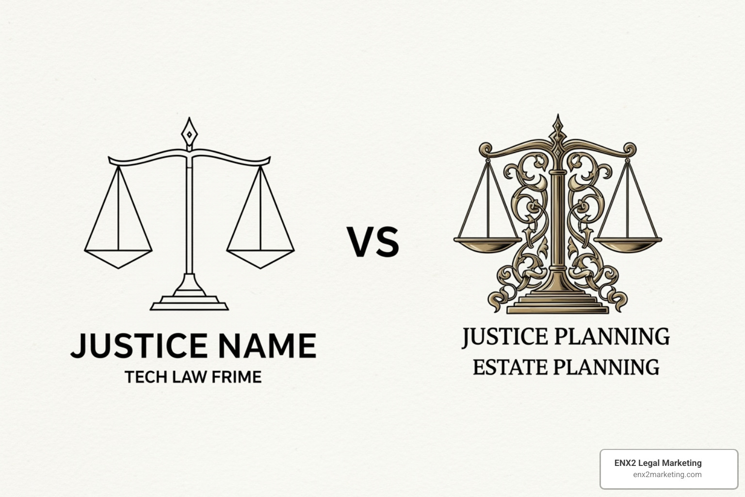 comparing two logos for different practice areas, one modern for tech law and one classic for estate planning - justice scale logo comparing two logos for different practice areas, one modern for tech law and one classic for estate planning - justice scale logo