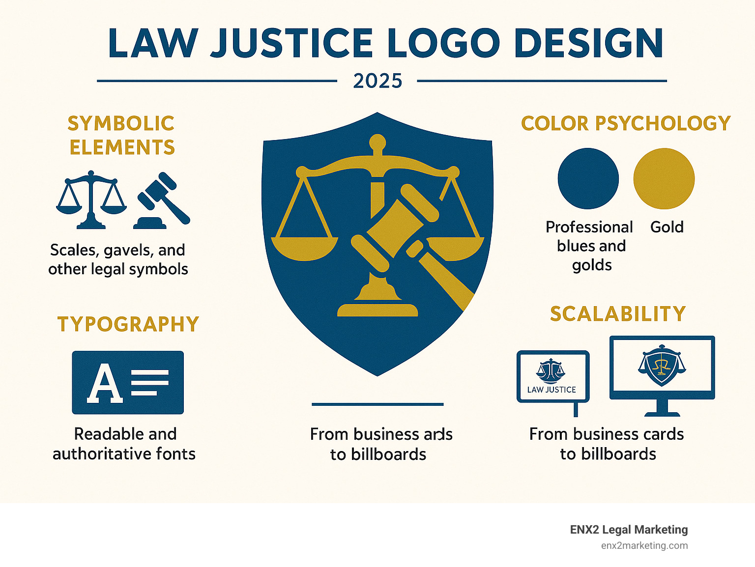 Infographic showing the essential components of law justice logo design including symbolic elements like scales and gavels, color psychology with professional blues and golds, typography considerations for readability and authority, and scalability requirements for various applications from business cards to billboards - law justice logo infographic 