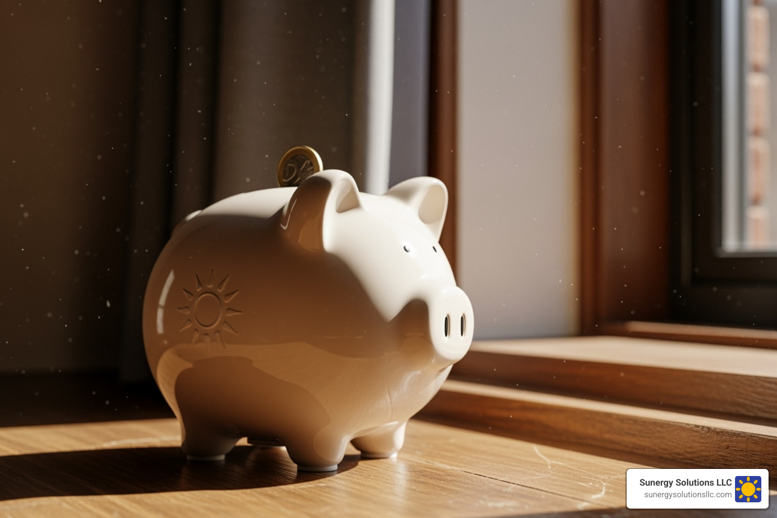 A piggy bank with a sun logo on it, sitting on a windowsill, symbolizing savings from solar energy - maine energy experts A piggy bank with a sun logo on it, sitting on a windowsill, symbolizing savings from solar energy - maine energy experts