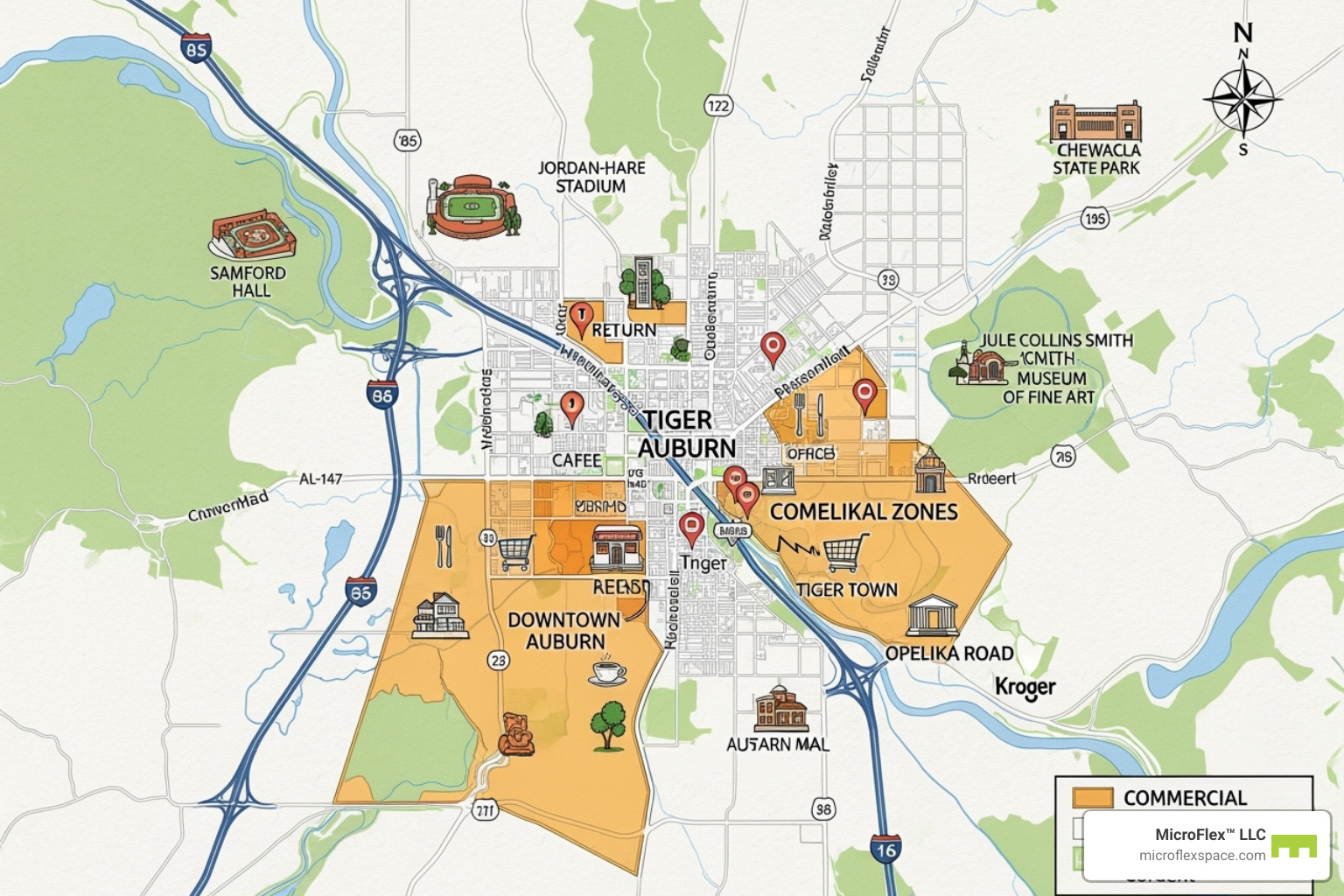 map highlighting key commercial zones in Auburn - retail space for lease auburn al map highlighting key commercial zones in Auburn - retail space for lease auburn al