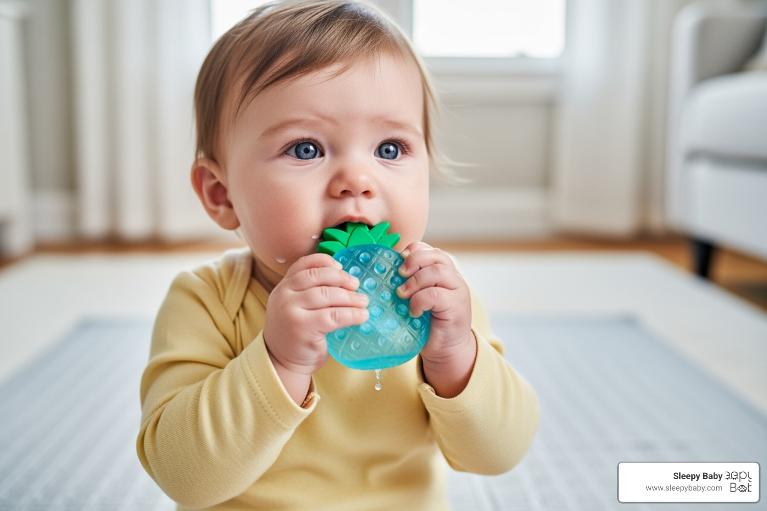 baby safely chewing on a chilled teething toy