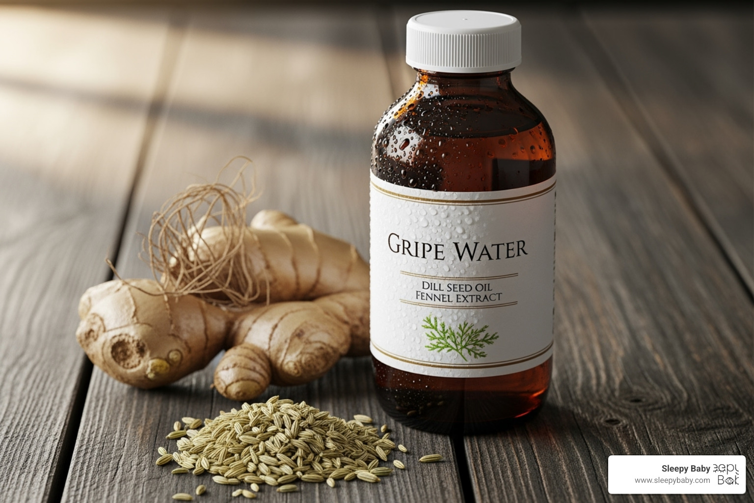 gripe water bottle next to herbs like ginger and fennel
