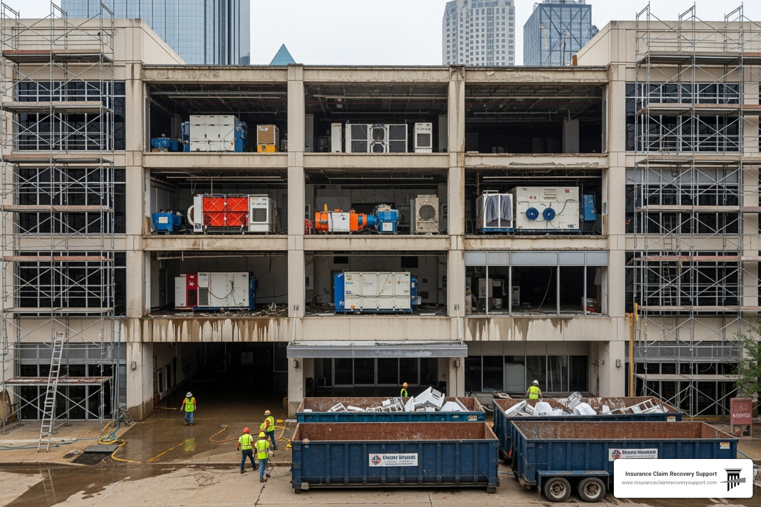 Large commercial building in Dallas undergoing extensive flood restoration work, with scaffolding, drying equipment, and debris removal in progress - Dallas flood damage