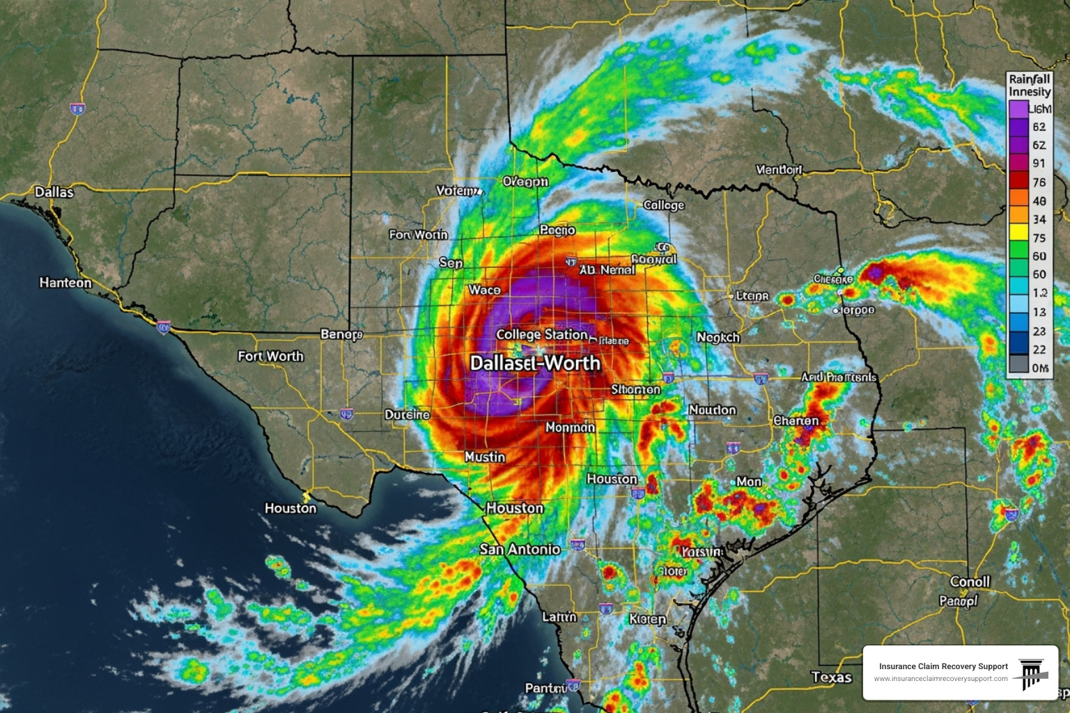 Weather radar map showing a major storm system over Texas with heavy rainfall bands concentrated around the Dallas-Fort Worth area - Dallas flood damage