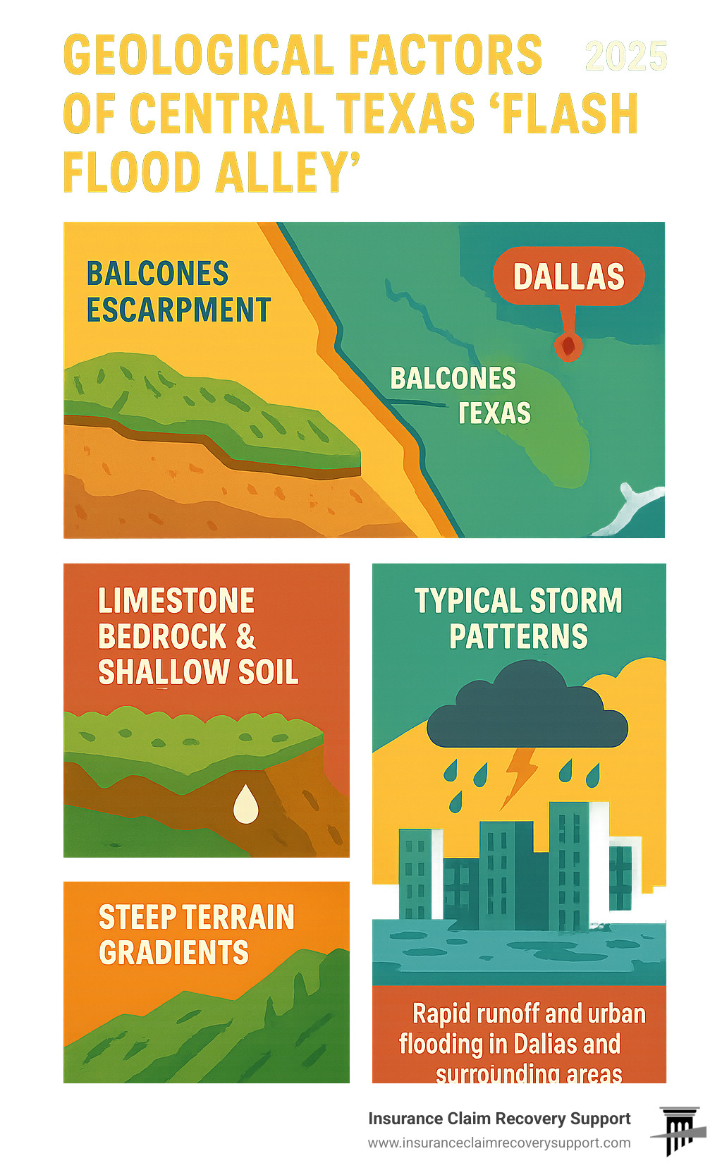 Infographic showing the geological factors that make Central Texas 'Flash Flood Alley' including the Balcones Escarpment, limestone bedrock with shallow soil, steep terrain gradients, and typical storm patterns that create rapid runoff and urban flooding in Dallas and surrounding areas - Dallas flood damage infographic 