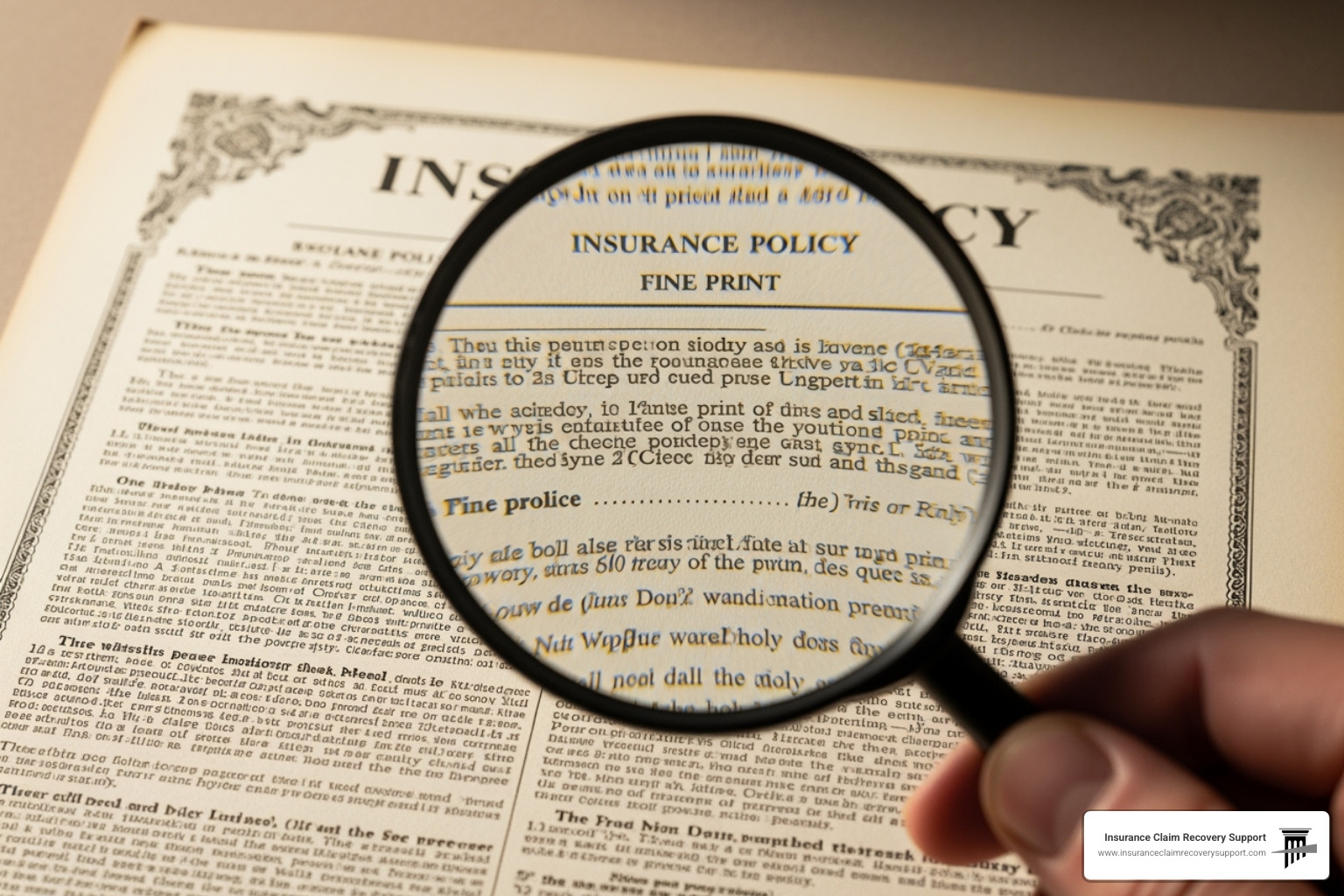 magnifying glass over an insurance policy document - denied insurance claim