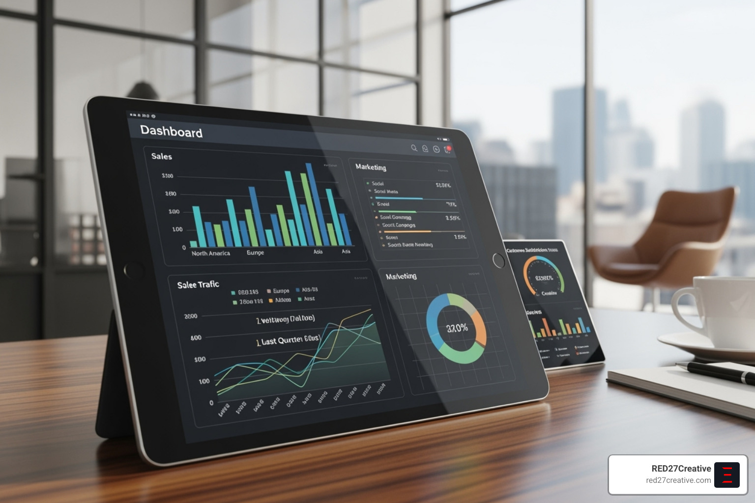 A professional BI dashboard displaying sales, marketing, and operational metrics on a tablet screen, symbolizing data insights and strategic decision-making - Chicago business intelligence consultant A professional BI dashboard displaying sales, marketing, and operational metrics on a tablet screen, symbolizing data insights and strategic decision-making - Chicago business intelligence consultant