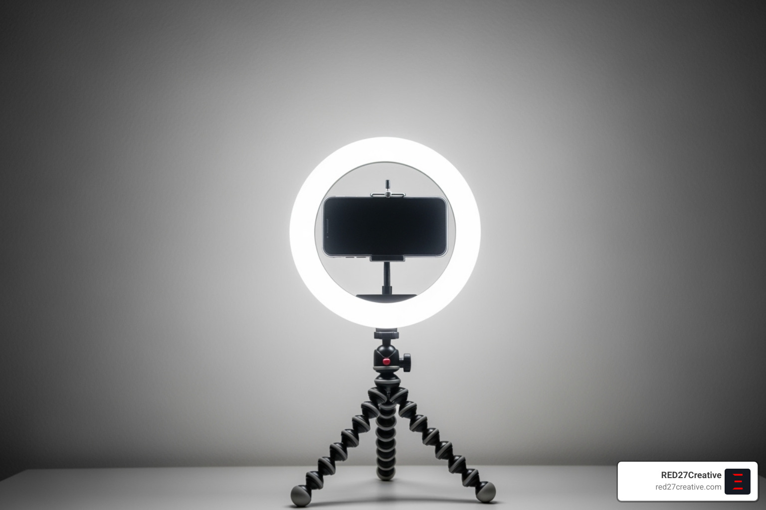 Simple video production setup with a smartphone on a tripod and a ring light - Social media video creation Simple video production setup with a smartphone on a tripod and a ring light - Social media video creation