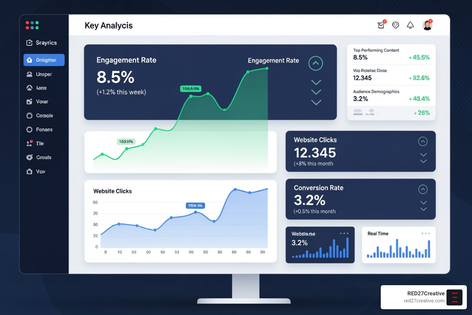 A clean analytics dashboard showing positive growth in engagement and website clicks for a business. - Social media management Naperville A clean analytics dashboard showing positive growth in engagement and website clicks for a business. - Social media management Naperville
