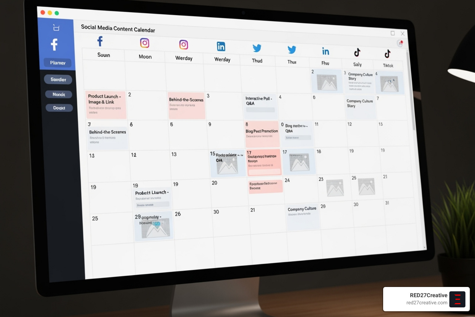 A social media content calendar being planned on a screen, showing various platforms and content types. - Social media management Naperville A social media content calendar being planned on a screen, showing various platforms and content types. - Social media management Naperville
