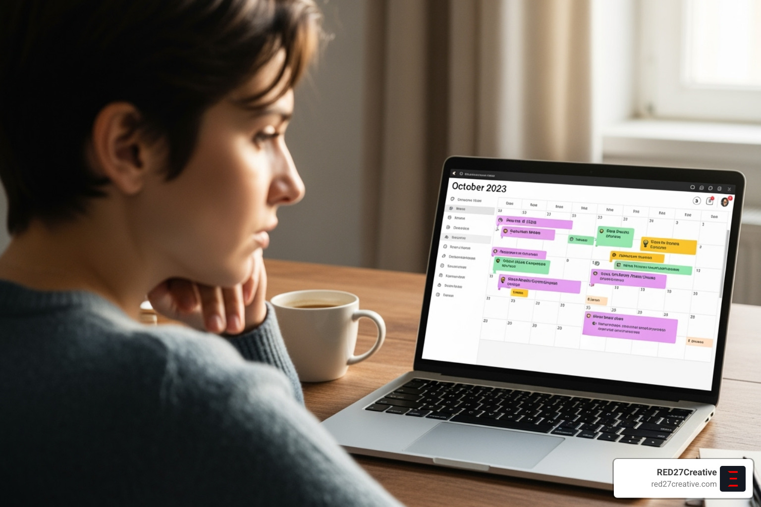 Person reviewing content calendar - Social media post scheduling Person reviewing content calendar - Social media post scheduling