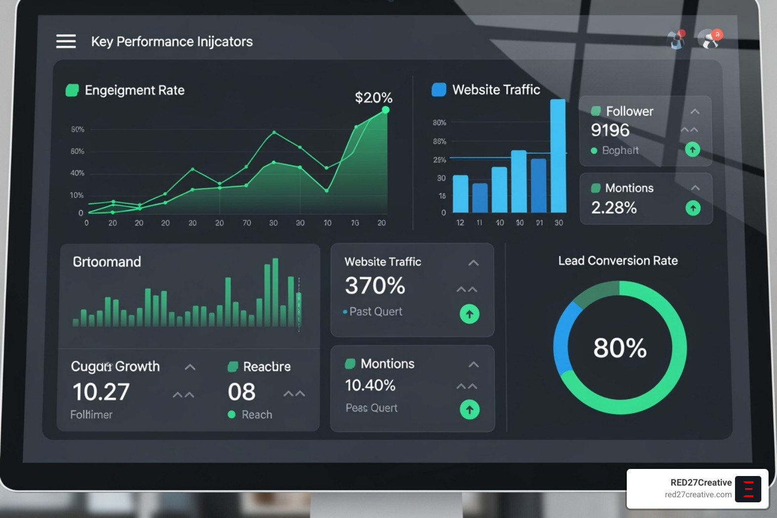 A dashboard showing positive growth in social media KPIs like engagement rate, website traffic, and lead conversions over time. - Social media consulting firm A dashboard showing positive growth in social media KPIs like engagement rate, website traffic, and lead conversions over time. - Social media consulting firm