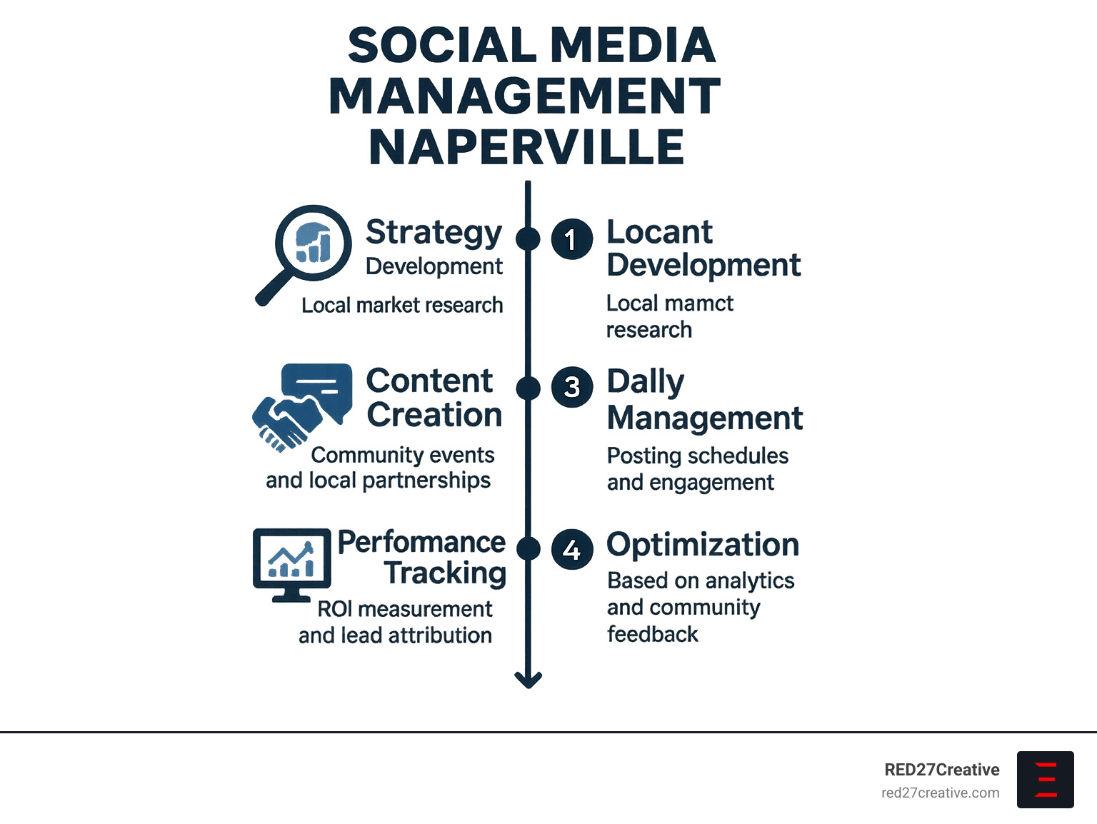 Infographic showing the social media management process for Naperville businesses: 1) Strategy Development with local market research, 2) Content Creation featuring community events and local partnerships, 3) Daily Management including posting schedules and engagement, 4) Performance Tracking with ROI measurement and lead attribution, 5) Optimization based on analytics and community feedback - Social media management Naperville infographic Infographic showing the social media management process for Naperville businesses: 1) Strategy Development with local market research, 2) Content Creation featuring community events and local partnerships, 3) Daily Management including posting schedules and engagement, 4) Performance Tracking with ROI measurement and lead attribution, 5) Optimization based on analytics and community feedback - Social media management Naperville infographic