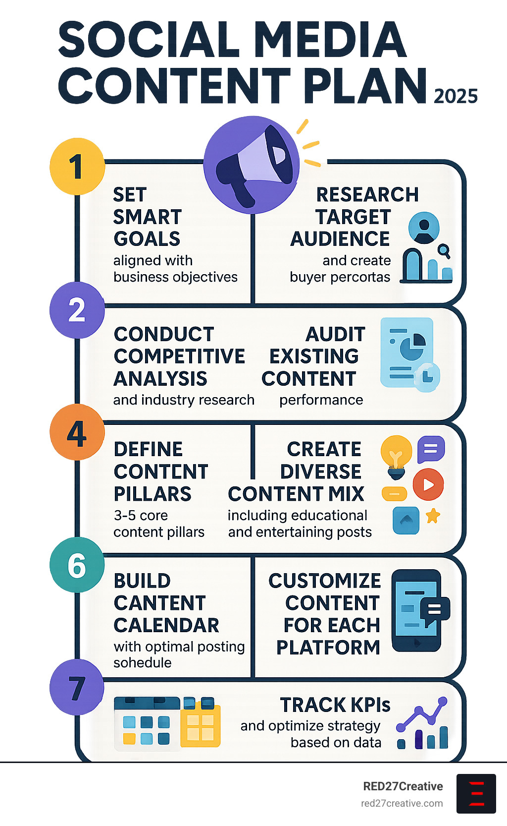 Comprehensive infographic showing the 9 essential steps of social media content planning: 1) Set SMART goals aligned with business objectives, 2) Research target audience and create buyer personas, 3) Conduct competitive analysis and industry research, 4) Audit existing content performance, 5) Define 3-5 core content pillars, 6) Create diverse content mix including educational and entertaining posts, 7) Build content calendar with optimal posting schedule, 8) Customize content for each platform's unique features, 9) Track KPIs and optimize strategy based on data - Social media content plan infographic Comprehensive infographic showing the 9 essential steps of social media content planning: 1) Set SMART goals aligned with business objectives, 2) Research target audience and create buyer personas, 3) Conduct competitive analysis and industry research, 4) Audit existing content performance, 5) Define 3-5 core content pillars, 6) Create diverse content mix including educational and entertaining posts, 7) Build content calendar with optimal posting schedule, 8) Customize content for each platform's unique features, 9) Track KPIs and optimize strategy based on data - Social media content plan infographic