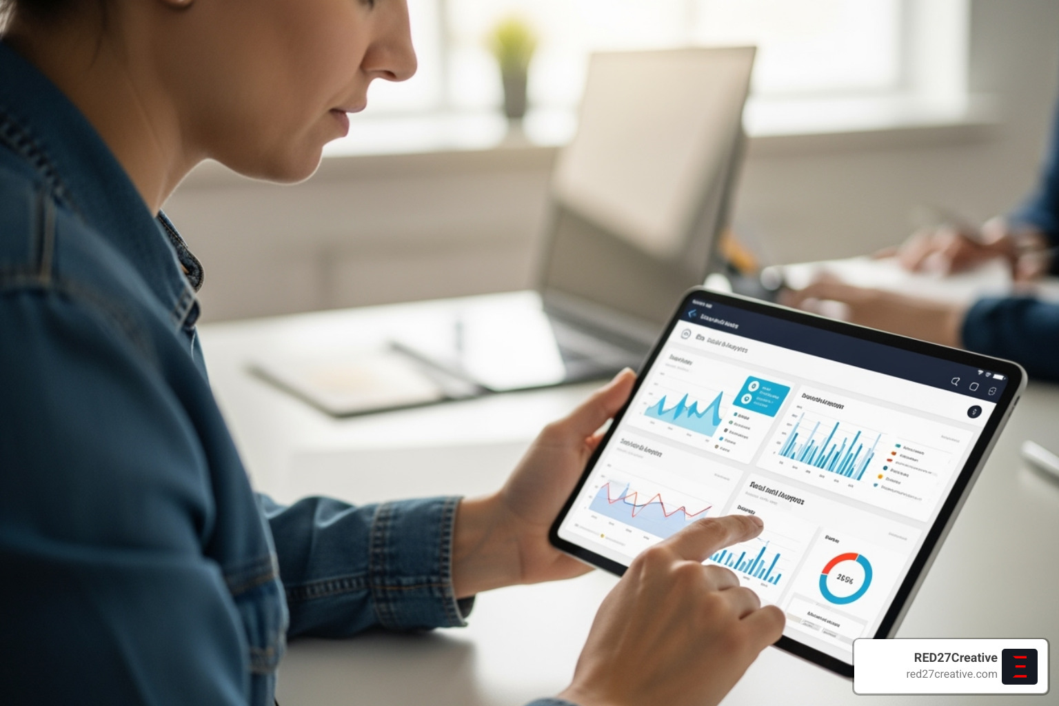 A person thoughtfully reviews social media analytics on a tablet, symbolizing strategic decision-making - Business social media help A person thoughtfully reviews social media analytics on a tablet, symbolizing strategic decision-making - Business social media help