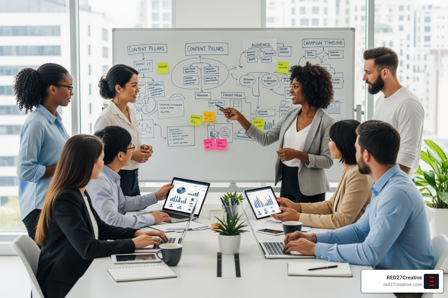 A team collaborates on a social media strategy using a whiteboard and digital tools - Business social media help A team collaborates on a social media strategy using a whiteboard and digital tools - Business social media help
