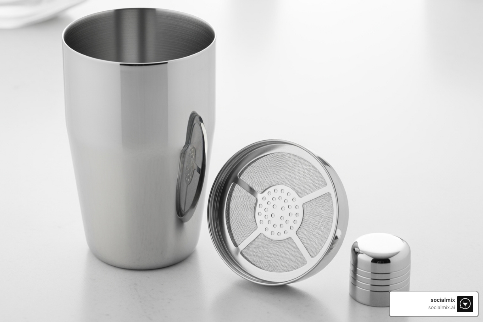A disassembled cobbler shaker showing the main tin, the strainer lid, and the small cap - cobbler shaker
