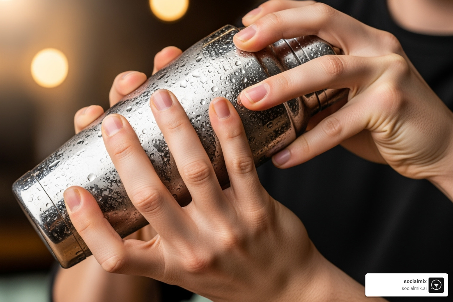 A person's hands holding and shaking a stainless steel cobbler shaker vigorously - cobbler shaker