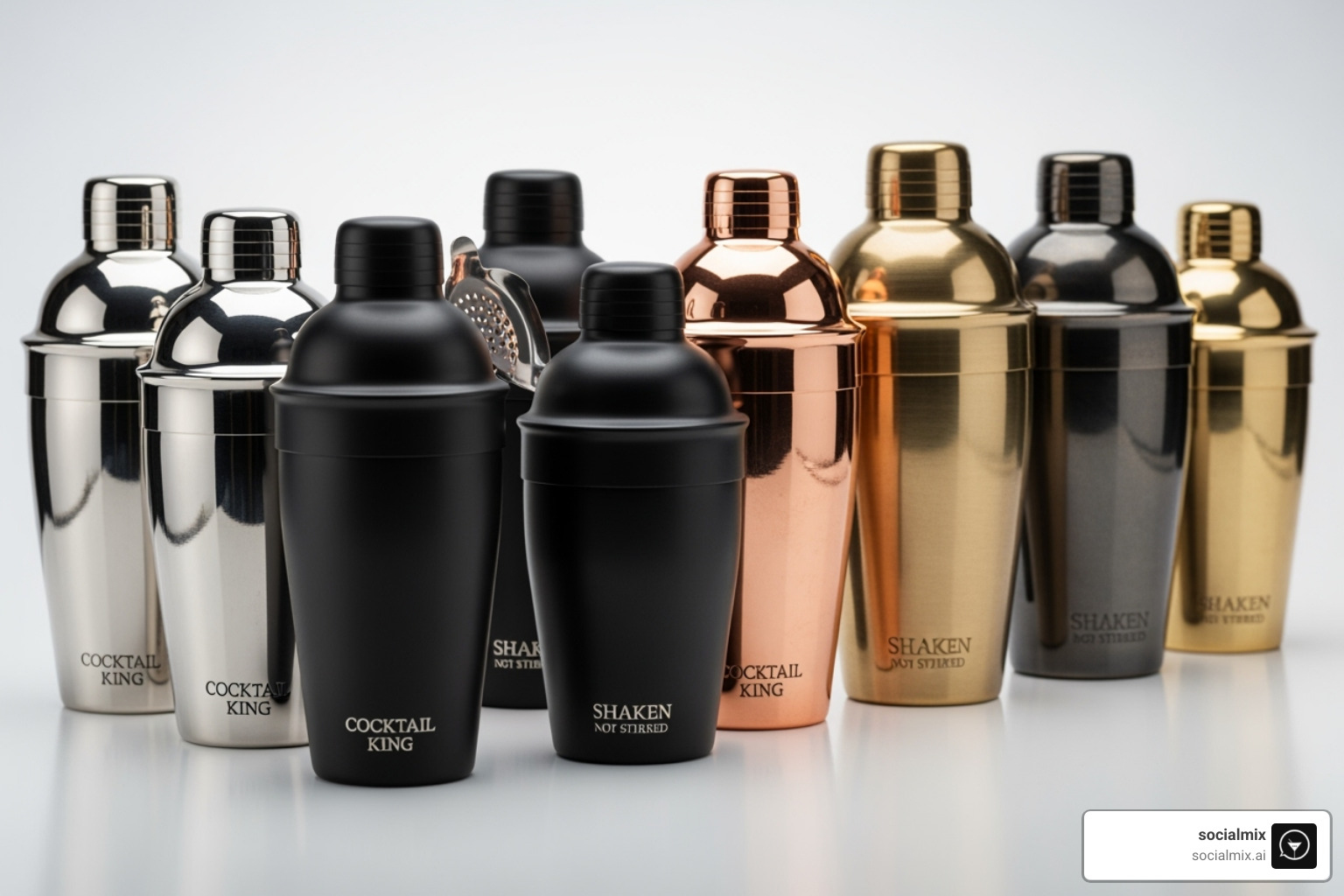 A lineup of various cobbler shakers in different finishes and sizes, including socialmix branded ones - cobbler shaker