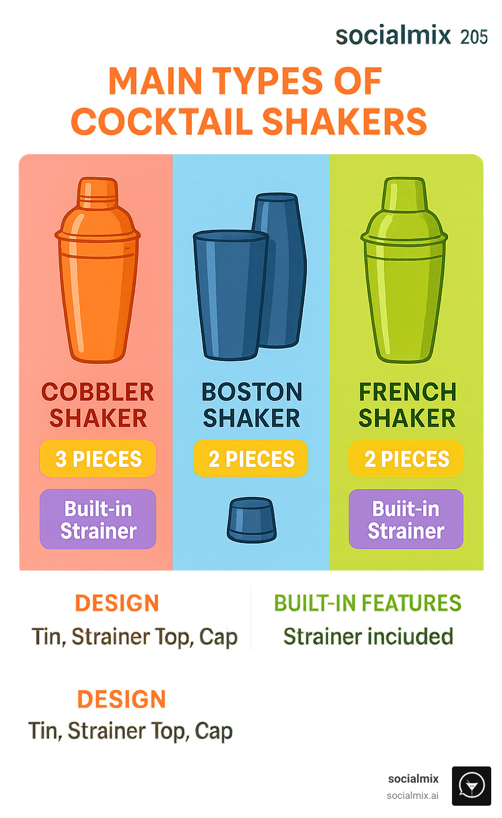 Infographic showing the three main types of cocktail shakers side by side - Cobbler shaker with 3 pieces (tin, strainer top, cap), Boston shaker with 2 pieces (large and small tins), and French shaker with 2 pieces (tin and strainer top), highlighting their key differences in design, number of pieces, and built-in features - cobbler shaker infographic 