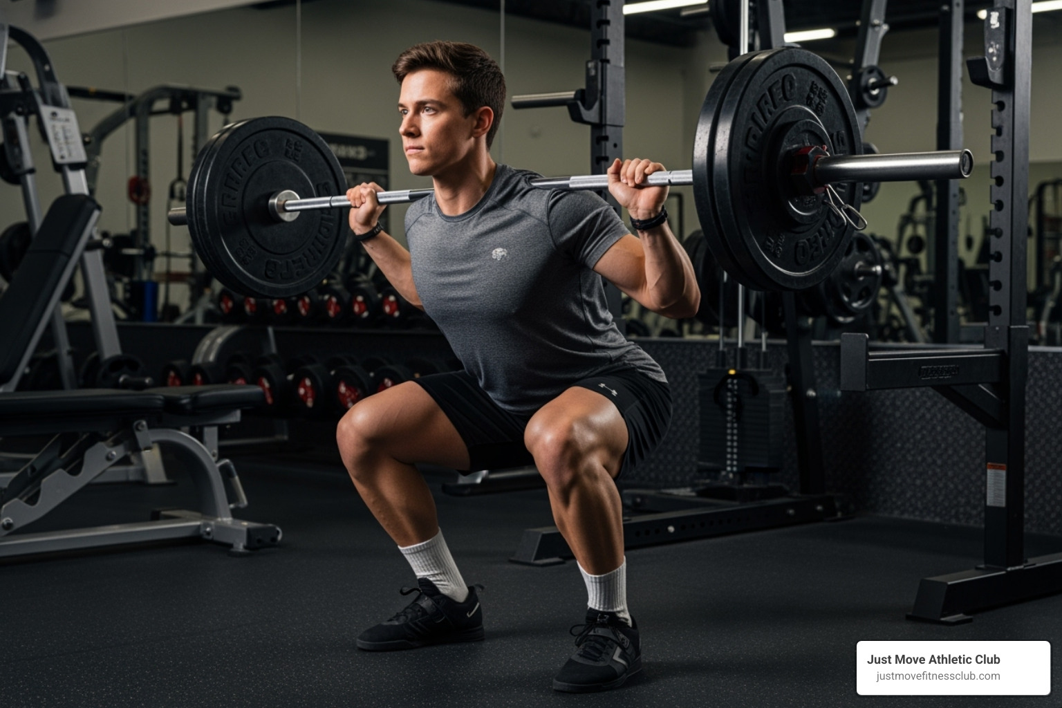 person performing a barbell squat with proper form - best gym routine for muscle growth