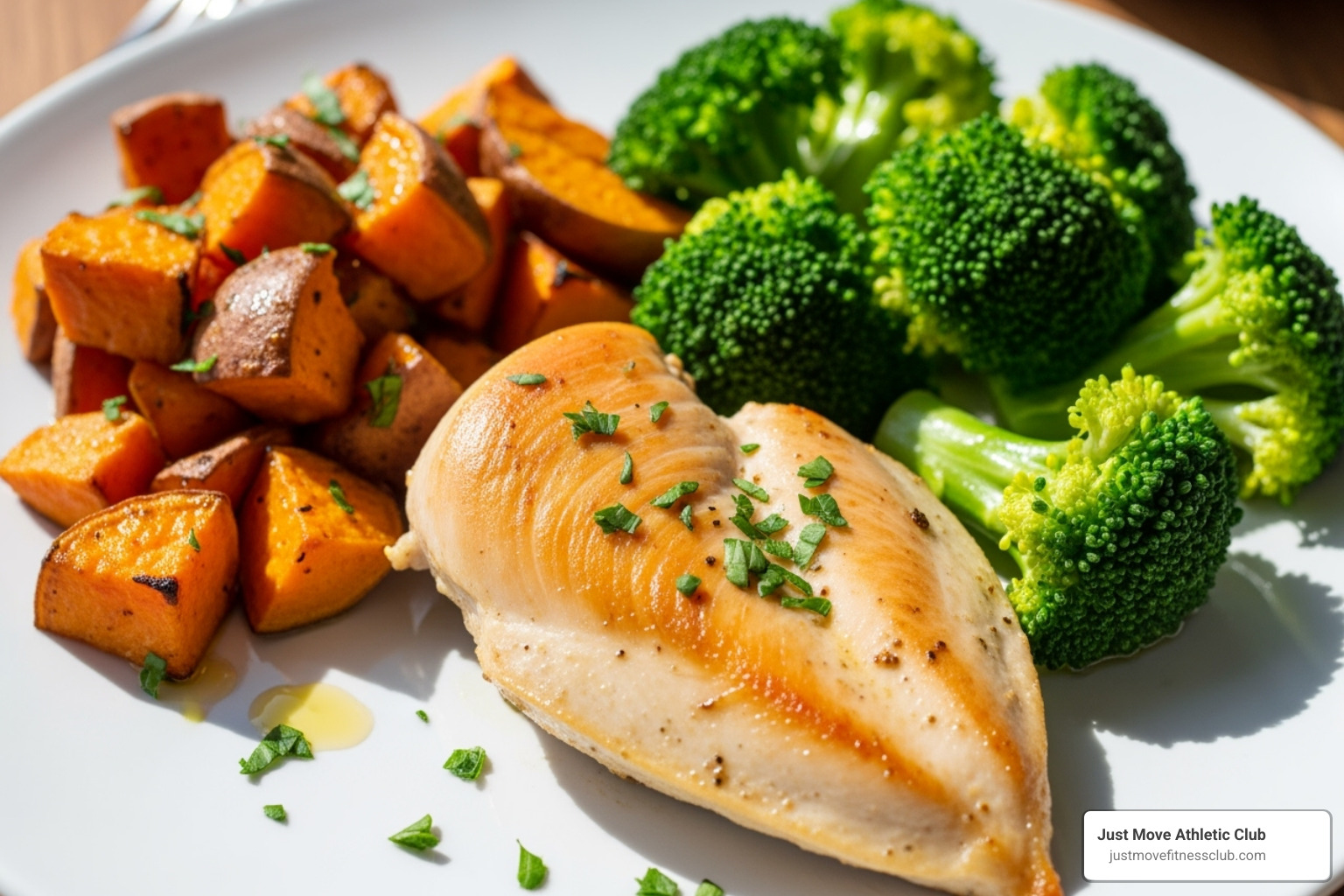 well-balanced meal with chicken breast, sweet potatoes, and broccoli - best gym routine for muscle growth