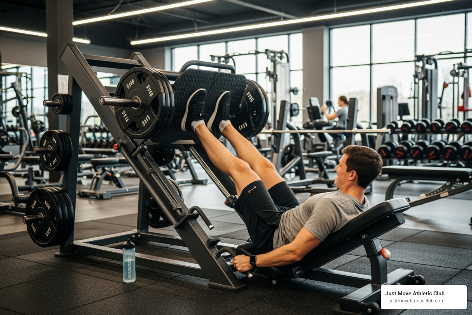 leg press machine being used - best gym routine for muscle growth