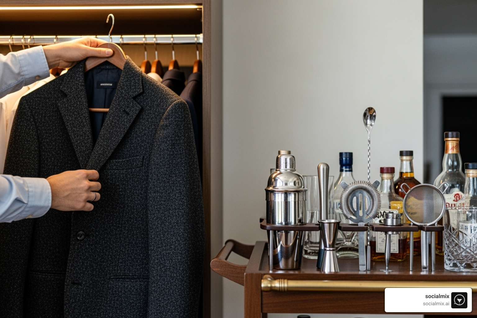 person selecting quality fabric garment from closet, with bartender tools - liftd casual wear