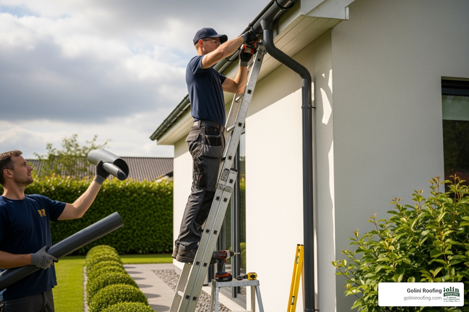 A professional technician wearing safety gear is performing maintenance on a gutter and downspout system, ensuring it is clear of debris and functioning correctly - downspout installation services repair services expert A professional technician wearing safety gear is performing maintenance on a gutter and downspout system, ensuring it is clear of debris and functioning correctly - downspout installation services repair services expert