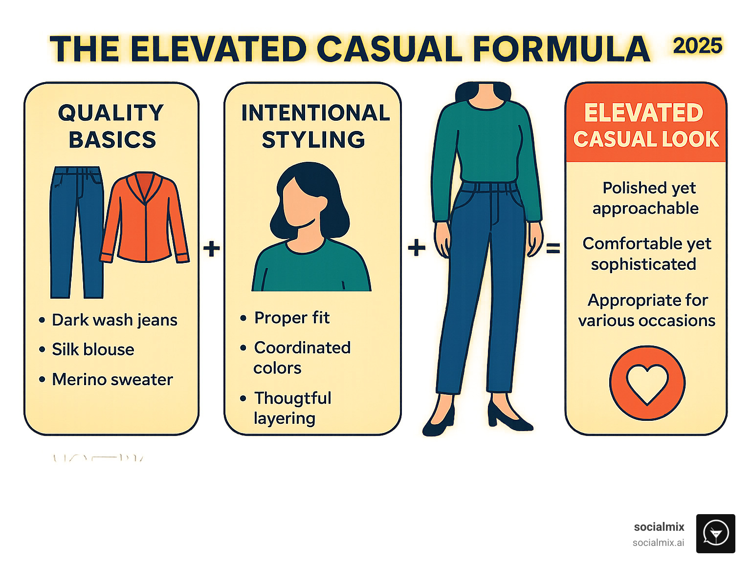 Infographic showing the liftd casual formula: Quality Basics (dark wash jeans, silk blouse, merino sweater) + Intentional Styling (proper fit, coordinated colors, thoughtful layering) + Perfect Fit (custom silhouettes, clean lines, flattering proportions) = Liftd Casual Look (polished yet approachable, comfortable yet sophisticated, appropriate for various occasions) - liftd casual wear infographic 