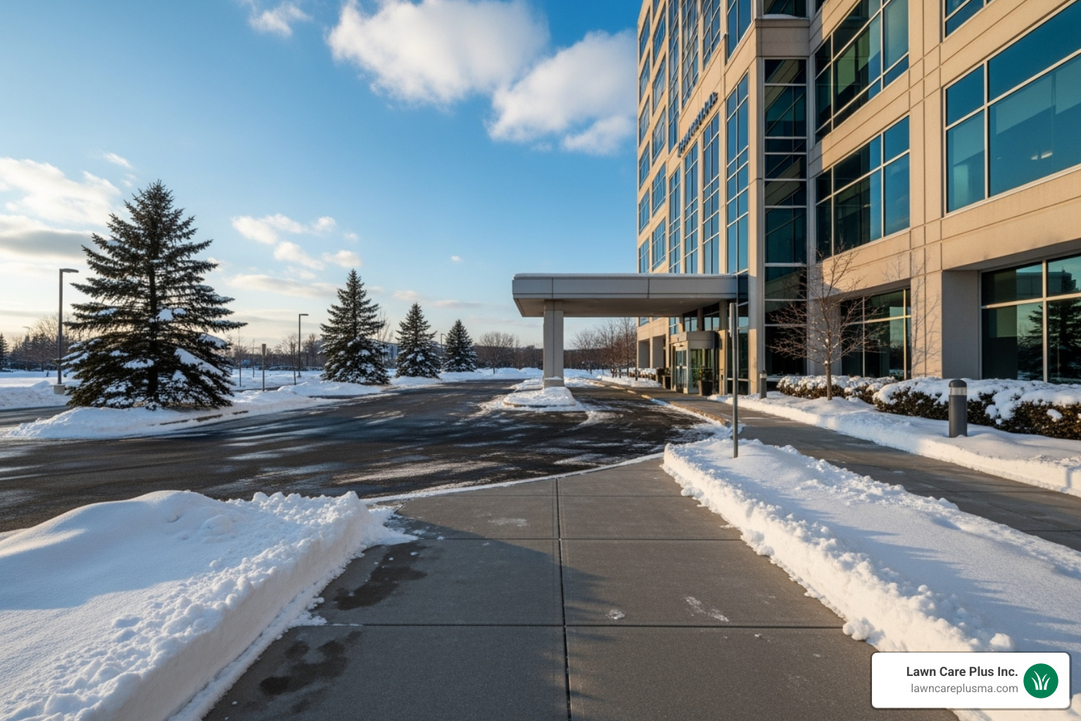 A clear and safe commercial entrance in winter, demonstrating the effectiveness of professional snow removal - commercial snow plowing services