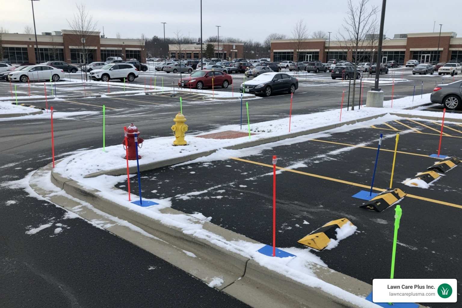 A commercial property with clear markings for curbs and fire hydrants, indicating preparation for snow removal - commercial snow plowing services