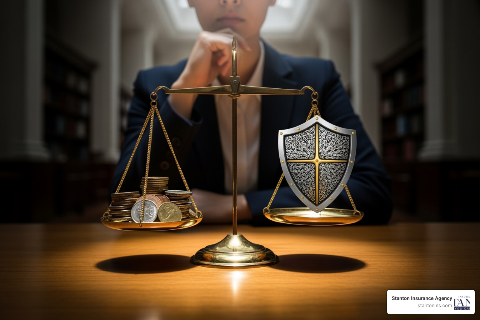 Person weighing options on a scale labeled "Cost" and "Coverage" - stacked uninsured motorist coverage