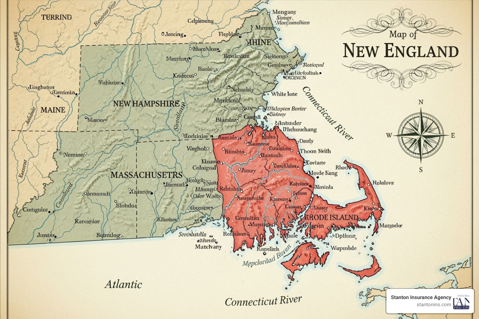 Map of New England highlighting Massachusetts and New Hampshire - stacked uninsured motorist coverage