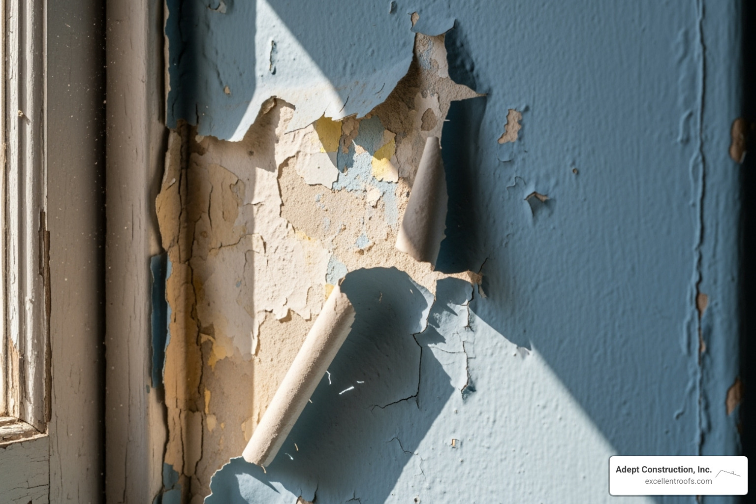 peeling paint on a wall near a window frame - roof leak detection naperville